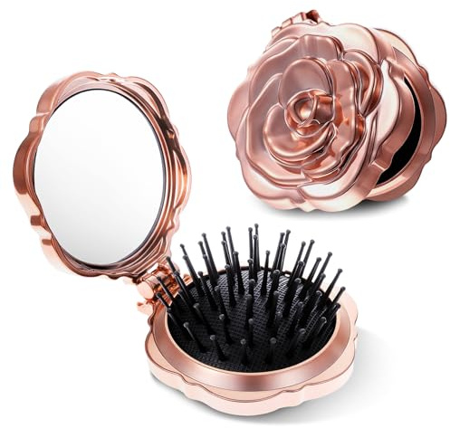 2 Pcs Travel Folding Hair Brush for Women, Rose Gold Small Hair Brush for Purse, Compact Mini Hairbrush with Mirror, Portable Pocket HairBrush for Women Girls Wet and Dry Hair