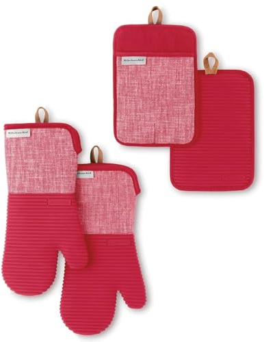 KitchenAid Chambray 4 Pack Pot Holder and Mini Oven Gloves Mitt Set Heat Resistent Non-Slip Silicone Grips 100% Cotton (RED)