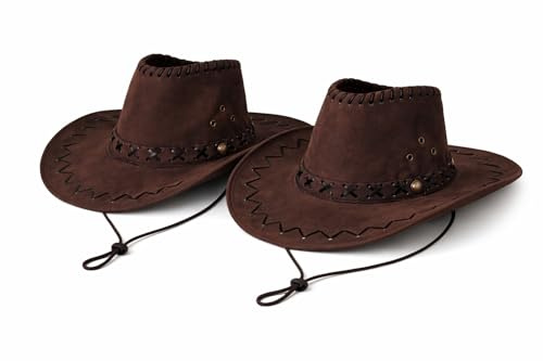 STUWU Cowboyhut für Erwachsene – 2er Set – Wildleder-Optik – mit verstellbarem Zugband – Karneval, Western & Party – Unisex (Dunkelbraun)