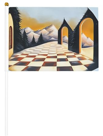 Mini bandiere bianche e nere del villaggio a griglia su bastone - 14 x 20,8 cm piccole bandiere USA per esterni, decorazioni 4 luglio, decorazione patriottica, asta per bandiera portatile, bandiere