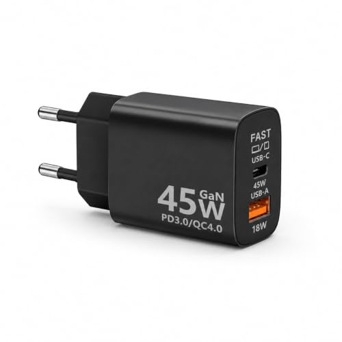 PYRODUM USB C laddare 45W, snabbladdning 1C + 1A, PD 3.0 kompakt snabbladdare, kompatibel med iPhone 17/16/15/14/13, Samsung Galaxy S25/24/23/22/21, iPad Pro, USB-kontakt