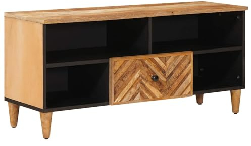 Mangloder brun TV-bräda av massiv mangoträ 100 x 33,5 x 46 cm med låda, mässingsknappar och förvaringsutrymme för vardagsrum, hemmabio, spel, TV