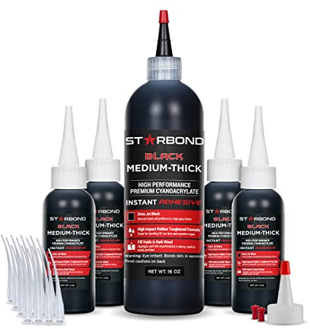 Starbond Black Medium Thick Super Glue Complete Refill Kit | Rubber Toughened & Impact-Resistant Strong Heavy Duty Glue for Plastic Wood Metal RC Repairs | Waterproof All Purpose Bonding | 16oz (453g)