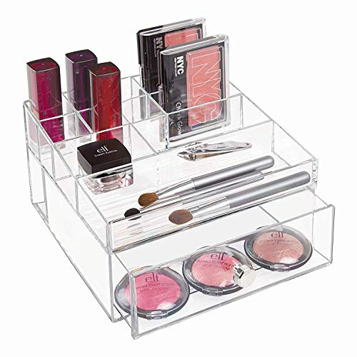 iDesign Drawers boîte-tiroir, rangement maquillage en plastique avec 1 tiroir & 11 compartiments, rangement cosmétique aussi pour accessoires bureau, transparent