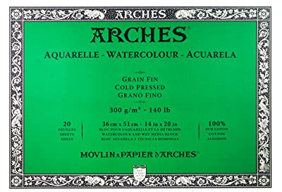 Arches 1795063 - Papel de Acuarela en Bloc (36 x 51 cm, encolado por 4 Caras, 300 g/m², Grano Fino), 20 Hojas, Color Blanco Natural