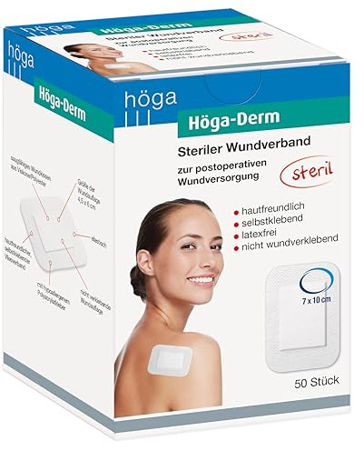 Höga Derm, steriler Wundverband, hautfreundlich, latexfrei und selbstklebend, 100 x 70 mm, 50 Stück, gebrauchsfertiges Pflaster
