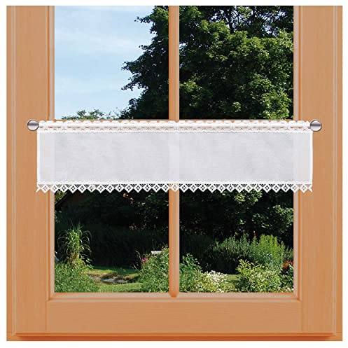 Feenhausgardine Lavina mit Vogtländischer Spitze Landhaus-Scheibengardine in weiß | kurzer Scheibenhänger mit moderner Stickerei-Kante | handgefertigte Kurzgardine | Spitzengardine HxB 20 x 80 cm