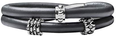 Quiges Damen Leder Wickelarmband Grau 44cm mit Charm Beads Versilbert Edelstahl Magnetverschluss
