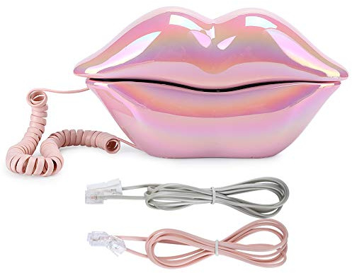 Lip Telephone, Fashionable Pink Cute Lip Shaped Landline Shining Electroplating Desk Corded Phone for Decoration Gift