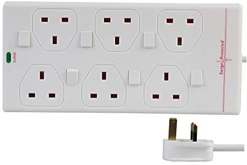 Pro Elec Verlängerungskabel mit Überspannungsschutz 2816NS(1N), 6 einzelne, mit Schalter gesicherte Steckdosen (evtl. nicht für deutsche Stecker geeignet), weiß, 2 m