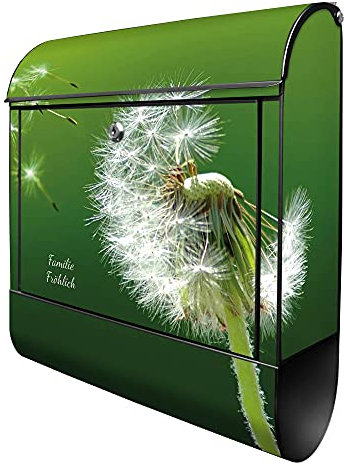 banjado® Design Briefkasten personalisiert Pusteblume 38,5x46,5x13cm & 2 Schlüssel - Briefkasten Stahl schwarz Zeitungsfach pulverbeschichtet - Postkasten A4 Einwurf inkl. Montagematerial