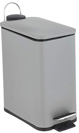 Optimal Products 5L Pedal Bin Slim Lid Soft Close Brush Holder Home Office Waste Paper Dustbin (5L GREY BIN ONLY)