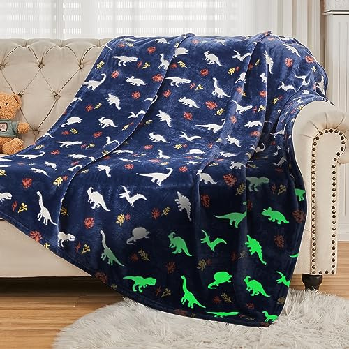SOCHOW Coperta plaid in pile fosforescente 127 x 150 cm, coperta luminosa in pile di flanella, motivo dinosauro del giurassico, coperta blu scuro in tutta la stagione per letto bambini