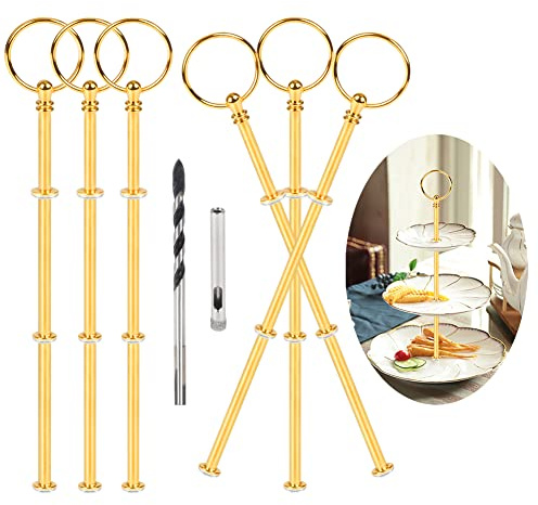 ANGELEMM 6 Pack Etageren Stangen Set Etagere 3 Etagen Vintage Metallstange Gold Stäbe Bausatz Stange mit 6mm ​Bohrer Mittellochausstech ​für Hochzeitstorte Tortenständer