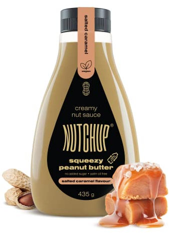 NUTCHUP The First Squeezy Peanut Butter | Delicious Nut Topping | Smooth & Crunchy Pancake, Waffle, Ice cream, Pizza sauce | 435g Bottle (Salty Caramel)