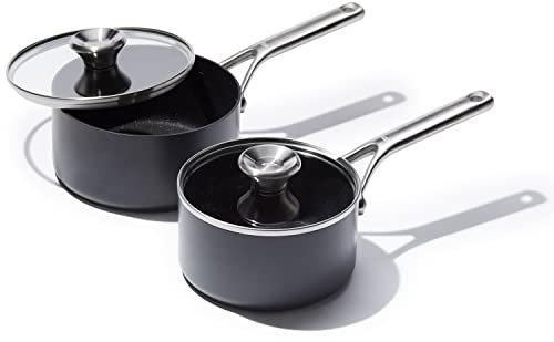 OXO Professional 1.7QT and 2.3QT Saucepan Pot Set with Lids Hard Anodized Ceramic Nonstick Cookware PFAS-Free Induction Suitable Stainless Steel Diamond Reinforced Coating Dishwasher/Oven Safe Black