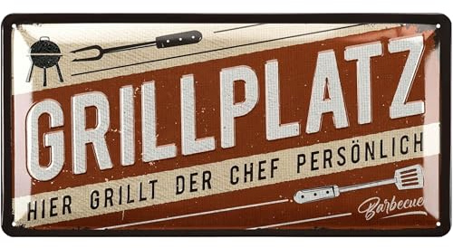 LANOLU Retro Blechschilder Grillen - GRILLPLATZ - BBQ Grill Retro Deko - Grillplatz Schild Garten - Geschenk für Papas Grillecke Schild - Chill Lounge Schilder, 17x34 cm