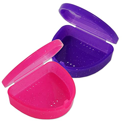 Lot de 2 Etuis Fins pour Appareil Dentaire ~ pour appareils orthodontiques, gouttières de blanchiment, dentiers, etc... (Rose pailleté et Violet pailleté)