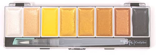 Craftelier - Set mit 8 Metallic Farben Aquarellfarben Gold + Pinsel mit Wassertank | Ideal für Scrapbooking und Craft Projekte | Palette Größe 23 x 6,5 cm - Godet Größe 4,5 x 2,5 cm