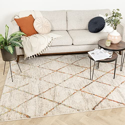 FRAAI | Home & Living Hochflor Teppich - Blend Lines Creme Bunt - Kariert, Gestreift, Geometrisch - Boho, Modern, Skandinavisch, Wohnzimmer, Esszimmer, Schlafzimmer - Fellteppich - Carpet