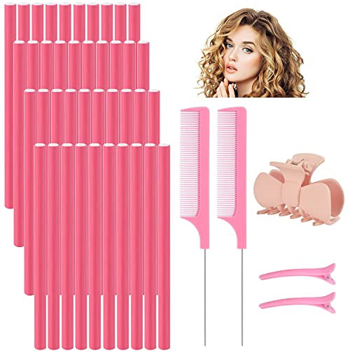 QINERSAW 40 Pz Bigodini Flessibili Bigodini Morbidi 24CM Bastoncini per Capelli in Morbida Schiuma Senza Calore Arricciacapelli Flessibili Bigodini per Capelli Lunghi (2 Pettini +2 Clip+ 1 Tornante)