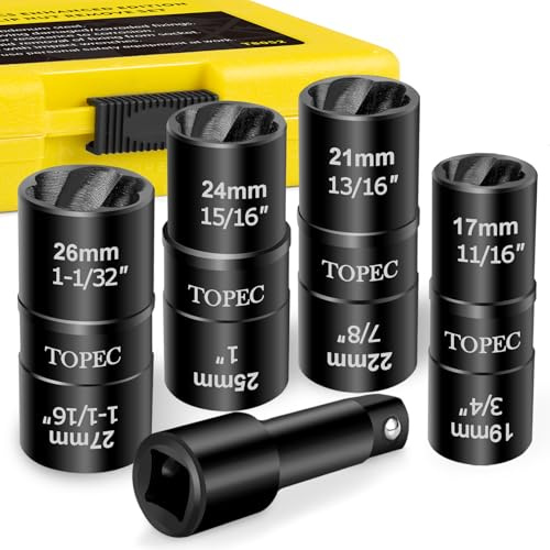 Topec Flip Lug Nut Removal Tool, 5 Piece Wheel Lock Removal Kit, 1/2 Drive Lug Nut Remover, 17-27mm Extractor Socket Set for Stripped, Rounded, Damaged Bolts