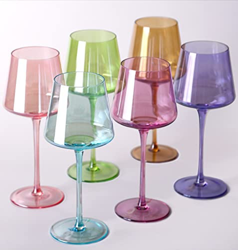 comfit Juego de 6 copas de vino de colores con tallo largo, copas de vino cuadradas con parte inferior plana, ideal para vino de cuerpo completo, regalos de vino para bodas, inauguración de la casa,