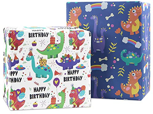 Geburtstags-Geschenkpapier für Kinder, Jungen und Mädchen, Dinosaurier-Geschenkpapier für Geburtstag, Babyparty, Kindergarten, Party, 2 Stile, insgesamt 8 Blätter, flach gefaltet, 50 x 70 cm pro Blatt