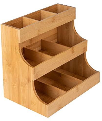 Organizador de bolsitas de té vertical: Soporte de bolsitas de té de madera Caja de té de madera 9 compartimentos Paquetes de azúcar de 3 niveles y cremas Almacenamiento de bocadillos for el hogar Ofi