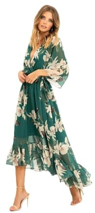 Yumi Womens Floral Butterfly Kimono Wrap Dress - Perfect Summer Wedding Guest Dress for Ladies - V-Neck, 3/4 Length Sleeves & Dip Hem Back (20, Green)
