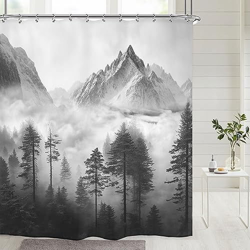 Riyidecor Cortina de Ducha de montaña Negra de 72 Pulgadas de Ancho x 72 Pulgadas de Alto, Paisaje, Parque Nacional, árbol Ahumado, Paisaje de Bosque, Negro y Gris, para Hombres, decoración de baño,