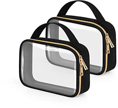 HELZOI TSA Approved Toiletry Bag, 2 Pack Clear Makeup Bags With Handles, Quart Size Toiletry Bags, PVC Cosmetic Bags for Women and Men, Carry on Airport Airline Compliant Bag, Black