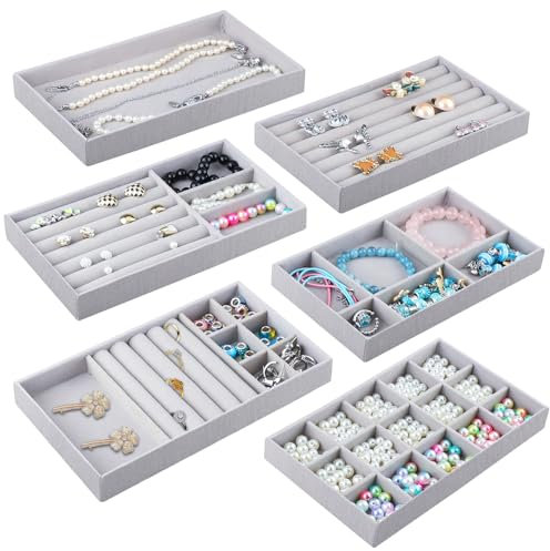 Mezzar Schmuckaufbewahrung, 6 Stücke Samt Schmuckkästchen Stapelbar Schmuck Organizers Schublade für Ohrringe Ring Armband Broschen Halsketten Grau