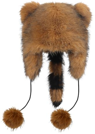 TINAYAUE Niedlicher Waschbär Plüschmütze Verdickte Wintermütze Weicher Waschbär Hut mit Schwanz Warme Kunstpelzmütze Ohrenwärmer-Kappe Winddicht Flacher Hut für Erwachsene, Kinder