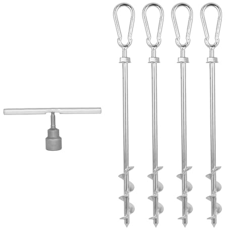 Earth Anchors - Heavy Duty Screw in Ground Stakes with Swing Carabiners - 12 Set of 4 with Drill Bit - Tent Stakes for Camping & Awning Canopy Anchor