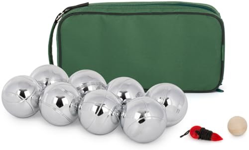 SEVICO Boule 8 Kugel Set Metallkugeln mit Gravierten Motiven Robustes Boules Set Traditional Garden Games 8 Boules Spieleklassiker 8 Metall-, 1 Holz-Kugel, Abstandsmesser, Tragetasche