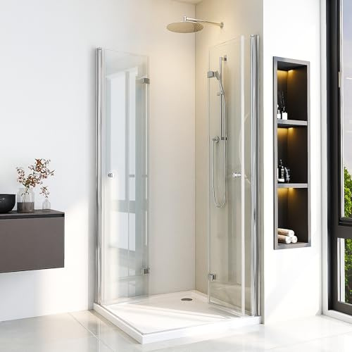 Duschkabine 100 x 100 cm Eckeinstieg Falttür Beide Seiten Faltbar 180º Duschabtrennung Drehfalttür Dusche aus 6 mm Starkem Einscheiben-Sicherheitsglas mit Nanobeschichtung,Höhe 185cm