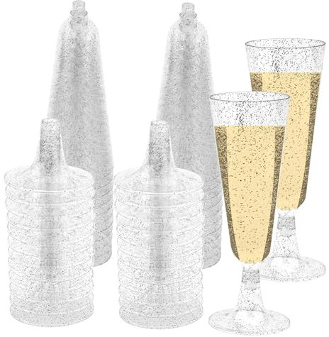 YWKJDDM Silver Glitter Champagne Flutes, 25PCS Clear Champagne Flutes 150ML Reusable Stemmed Party Wine Cups, Plastic Champagne Glasses for Garden Wedding Birthday Anniversary Party