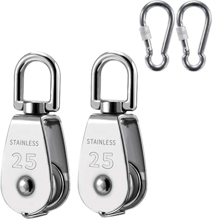 2Pack M25 304 Stainless Steel Single Swivel Pulley Block&M8 Carabiner Hooks | Max 150KG Load Capacity, 360° Rotatable Heavy Duty Pulley Roller, Rope Rigging Lifting Pulley for Indoor & Outdoor Hoisting
