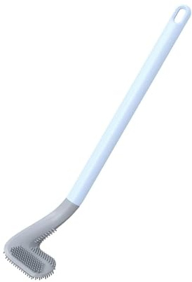 Brosse WC à long manche, brosse WC en silicone à long manche, brosse WC de golf et support, brosse de nettoyage en profondeur en silicone avec long manche antidérapant (bleu)