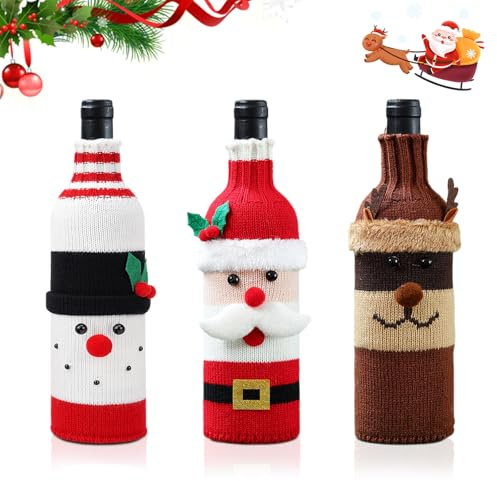 Dwafill Juego de 3 Piezas de Fundas Botellas Vino de Punto, Bolsa Botella Navidad para Fiestas, Cumpleaños, Regalo, Acción de Gracias, Halloween, Papá Noel