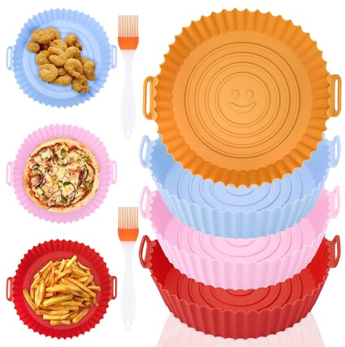 Yimomoyi 4 Piezas Molde Silicona Freidora de Aire, Bandeja Silicona Air Fryer con 2 Cepillo de Aceite, Cesta Silicona Air Fryer Reutilizables, Accesorios Freidora de Aire (Redondo)