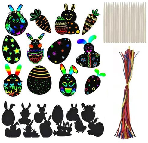 KARELLS Ostern Kratzbilder,Kratzpapier Bastelset 24 Stück,Magische Bunte Regenbogen Kratzbilder,für Osterdekoration,DIY Kleine Bastelsets Kinder
