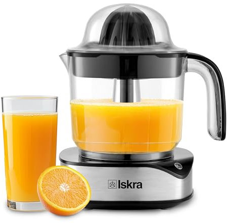 Iskra Zitruspresse Edelstahl 1,2L Orangenpresse elektrisch, Saftpresse für Zitrusfrüchte, 2 Presskegel, 40W