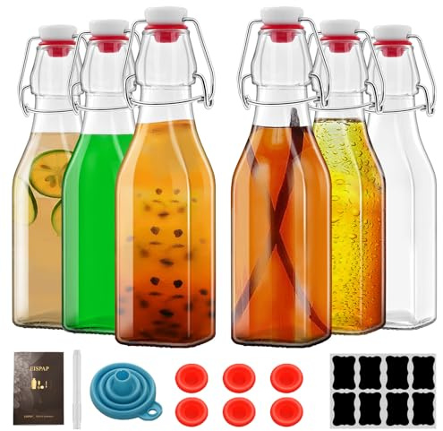 eispap 6 Pack 8oz Square Swing Top Glass Bottles, 250ML Bottles with Airtight Stoppers for Kombucha, Kefir, Vanilla Extract, Beer(Bonus Gaskets, Labels and Funnel)