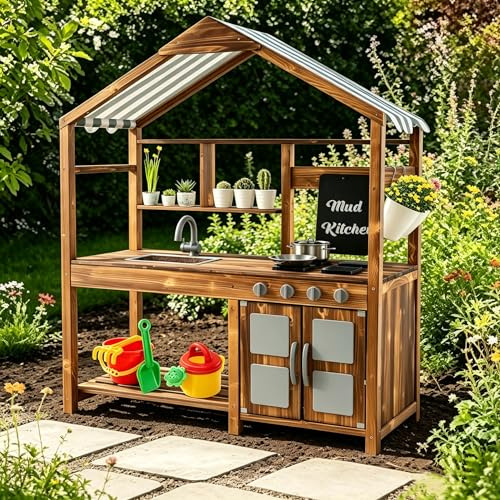 DREAMADE Matschküche Kinder Outdoor, Kinderküche mit Dach, Wasserhahn, Spülbecken, Herd, Tafel & Blumentöpfen, Spielküche aus Tannenholz, Outdoor Küche mit Zubehör für Jungen & Mädchen ab 3 Jahren