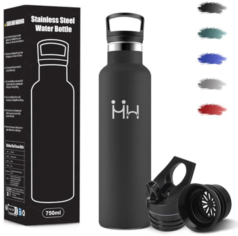 Botella Agua Acero Inoxidable, 750 ml Libre de BPA, Botella Termica, 18/8 Acero Inoxidable, Botellas de Agua, Con Pajita y 2 Tapas, Botellas Isotermica para Camping, Gimnasio, Oficina - Negro
