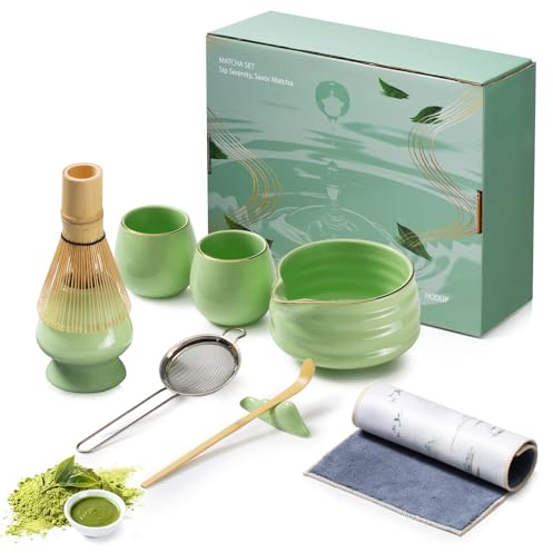 HODUP 9 Stück Japanisches Matcha Set, Geschenk für Teezeremonie-Liebhaber | Inkl. 2 tazze, Ausgießer, Chasen, Halter, Löffel und Edelstahlsieb, 500 ml Schale, Grün