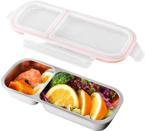Geentargetel Edelstahl Snackbox (2-Fach), Unterteilte Snackdose mit Deckel, Snackteller für Nüsse, Gemüse & Süßigkeiten, Leicht & auslaufsicher Snackschale (Silber) (Edelstahl)