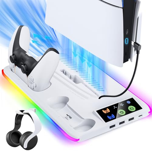 Controller Charger for PS5/PS5 Slim/Pro: PS5 Stand Cooling Fan and Controller Charger Station, PS5/PS5 Slim Accessories Vertical Charging Dock for PlayStation 5 Console (White)